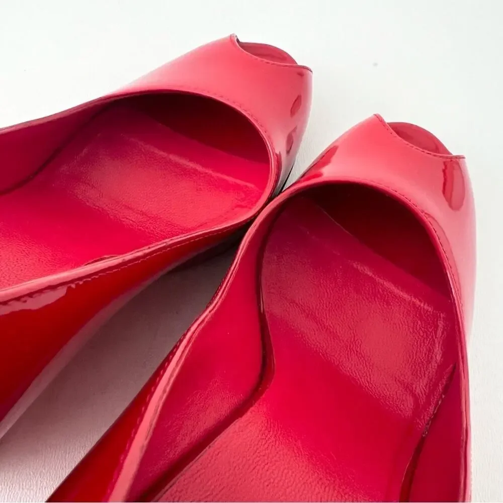GUCCI | Red Patent Leather GG Logo Peep Toe Wedge Pumps Heels US 6